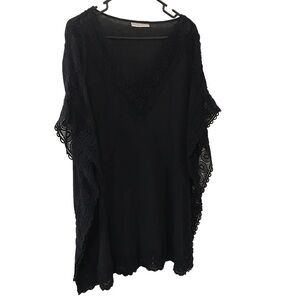 La Blanca semi sheer black V-neck cover up with lace design trim
